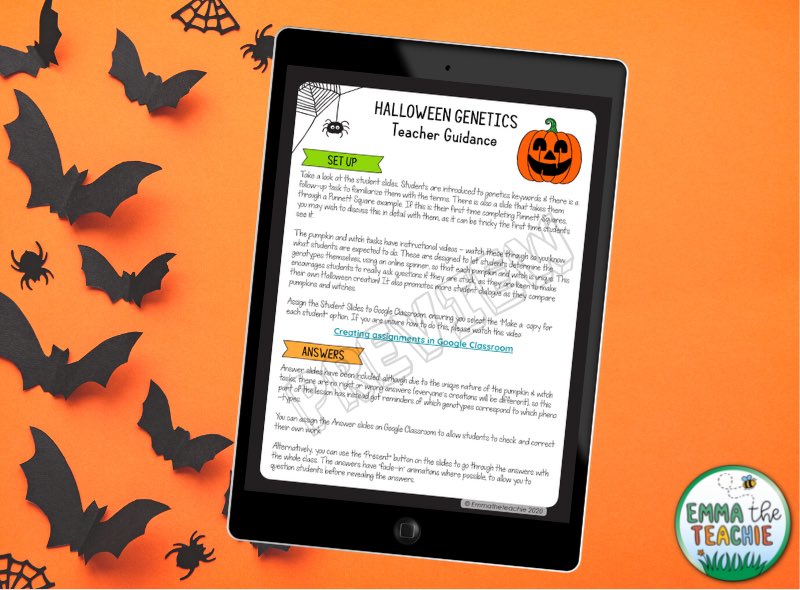 An iPad with a teacher guidance document for Halloween Genetics. It is sitting on top of an orange background with bats and spiders.