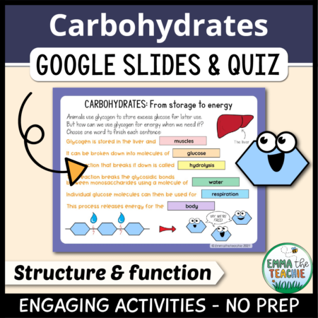 Cover image showing a sample slide and a picture of a glucose molecule. The title text reads, “Carbohydrates Google Slides and Quiz” and text on the bottom reads, “Engaging activities - no prep”.