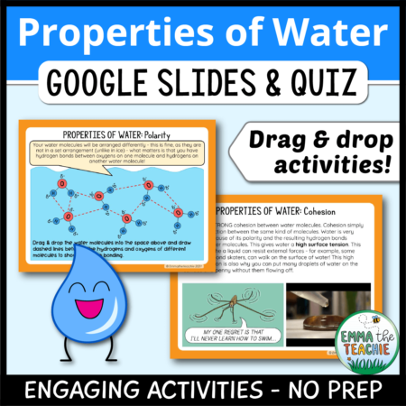 Cover image showing two sample slides and a picture of a water droplet. The title text reads, “Properties of Water Google Slides and Quiz” and text on the bottom reads, “Engaging activities - no prep”.