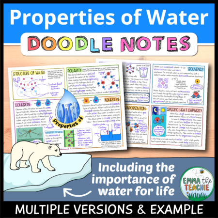 Cover image showing completed pages of the doodle notes against a wood background. The title text reads, “Properties of Water Doodle Notes” and text on the bottom reads, “Multiple versions & example”.