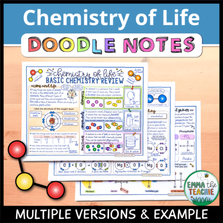 Cover image showing completed pages of the doodle notes against a wood background. The title text reads, “Chemistry of Life Doodle Notes” and text on the bottom reads, “Multiple versions & example”.