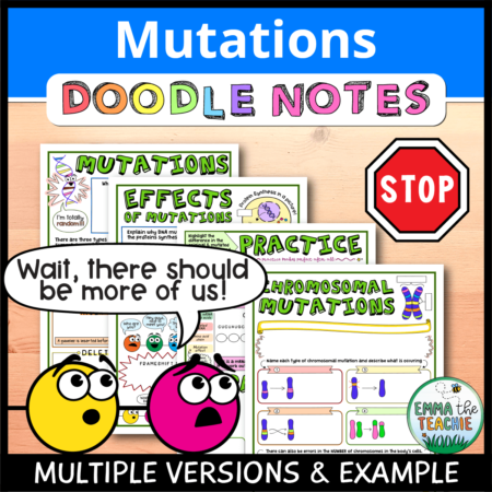 Cover image showing completed pages of the doodle notes against a wood background. The title text reads, “Mutations Doodle Notes” and text on the bottom reads, “Multiple versions & example”.