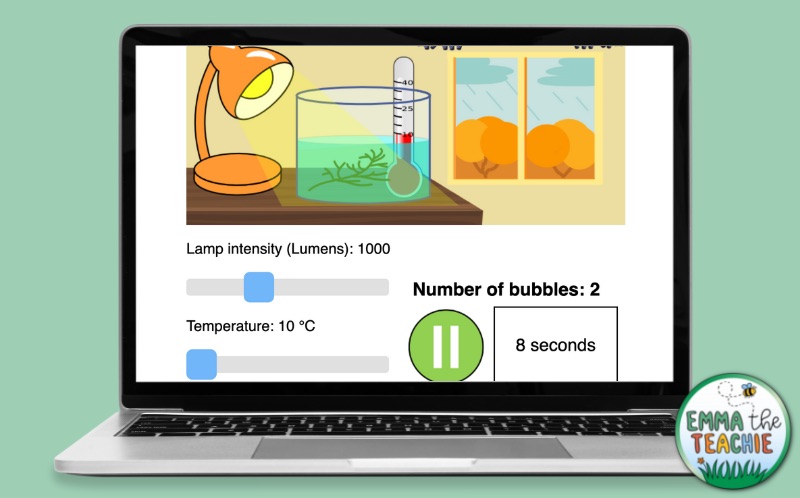 An image of a virtual photosynthesis lab on a computer screen. The screen shows a lamp shining light into a container of water with a plant and thermometer. On this screen, it shows that you can adjust the lamp's intensity and temperature. The number of bubbles is also on the screen.