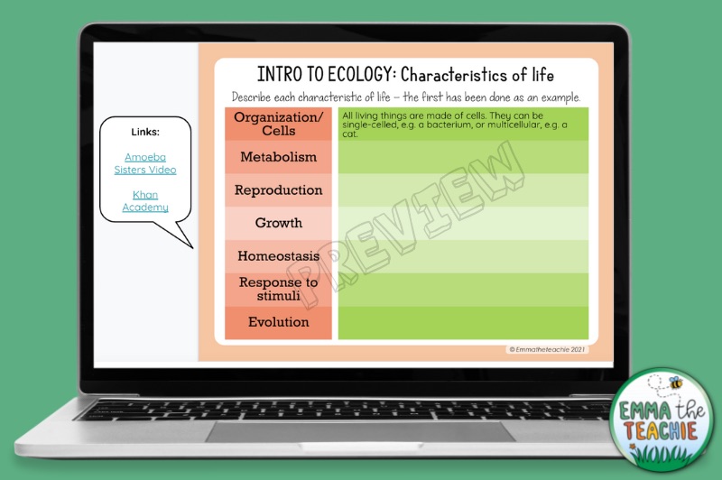 Image of a computer and screen showing an example of a Google Slides activity. The activity is about the characteristics of life.