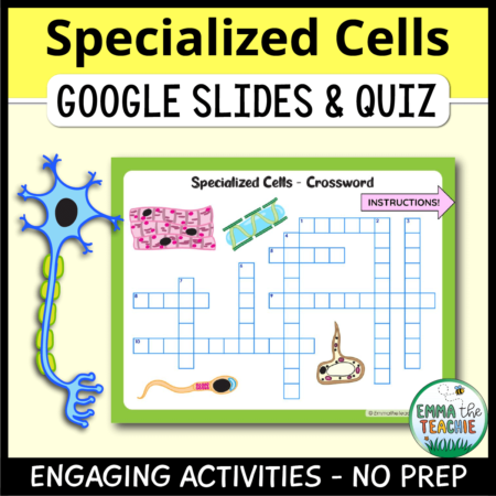 Cover image showing a sample slide and a picture of a neuron. The title text reads, “Specialized Cells Google Slides and Quiz” and text on the bottom reads, “Engaging activities - no prep”.