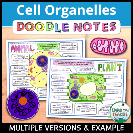 Cover image showing completed pages of the doodle notes against a wooden background. The title text reads, “Cell Organelles Doodle Notes” and text on the bottom reads, “Multiple versions & example”.