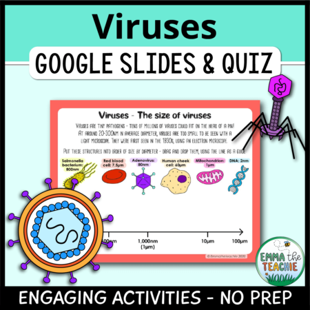 Cover image showing a sample slide and pictures of viruses. The title text reads, “Viruses Google Slides and Quiz” and text on the bottom reads, “Engaging activities - no prep”.