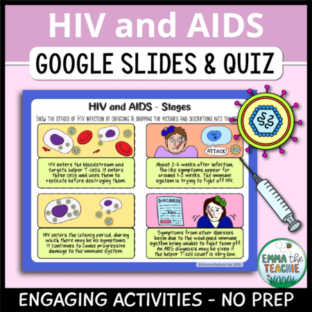 Cover image showing a sample slide and pictures of a virus and a needle. The title text reads, “HIV and AIDS Google Slides and Quiz” and text on the bottom reads, “Engaging activities - no prep”.