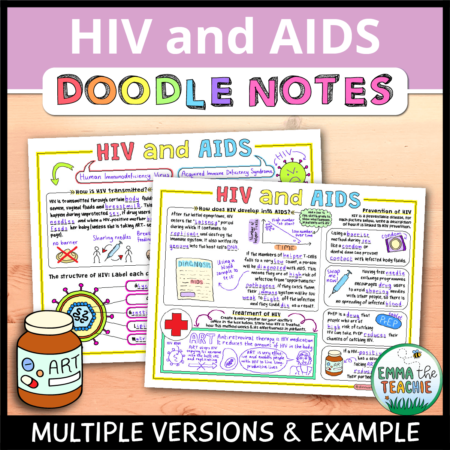 Cover image showing completed pages of the doodle notes against a wooden background. The title text reads, “HIV and AIDS Doodle Notes” and text on the bottom reads, “Multiple versions & example”.