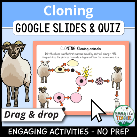 Cover image showing a sample slide and a picture of a sheep. The title text reads, “Cloning Google Slides and Quiz” and text on the bottom reads, “Engaging activities - no prep”.