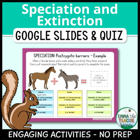 Cover image showing two sample slides and a picture. The title text reads, “Speciation and Extinction Google Slides and Quiz” and text on the bottom reads, “Engaging activities - no prep”.