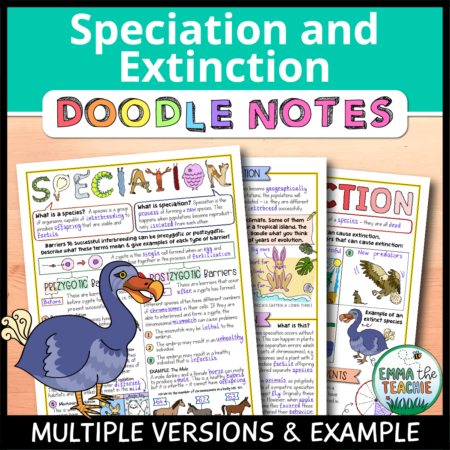 Cover image showing completed pages of the doodle notes against a wooden background. The title text reads, “Speciation and Extinction Doodle Notes” and text on the bottom reads, “Multiple versions & example”.