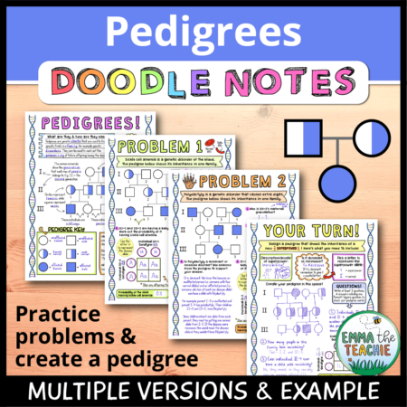 Cover image showing completed pages of the doodle notes against a wooden background. The title text reads, “Pedigrees Doodle Notes” and text on the bottom reads, “Multiple versions & example”. Additional text reads, "Practice problems & create a pedigree".