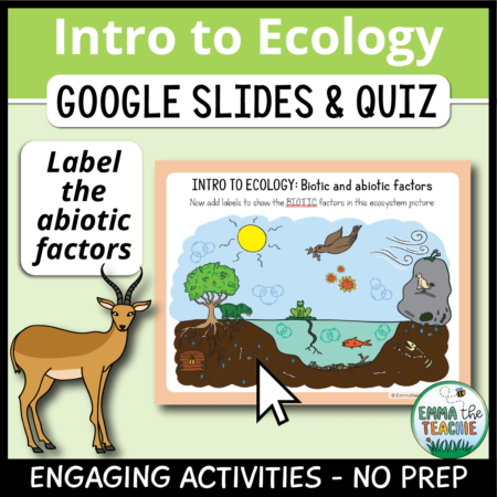 Cover image showing a sample slide of a biotic and abiotic factors task, and a picture of a gazelle. The title text reads, “Intro to Ecology Google Slides and Quiz” and text on the bottom reads, “Engaging activities - no prep”.