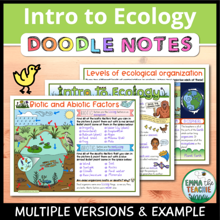 Cover image showing completed pages of the doodle notes against a wooden background. The title text reads, “Intro to Ecology Doodle Notes” and text on the bottom reads, “Multiple versions & example”.