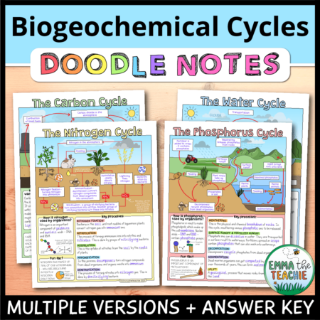 Cover image showing completed pages of the doodle notes against a wooden background. The title text reads, “Biogeochemical Cycles Doodle Notes” and text on the bottom reads, “Multiple versions & example”.