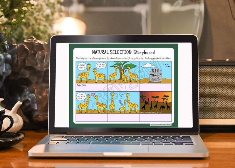 An image of a Google Slides activity with a story board activity about long necked giraffes in Google Slides.