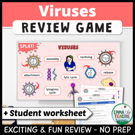 Cover image showing the SPLAT review game projected on a teacher’s whiteboard. The title text reads, “Viruses Review Game” and text on the bottom reads, “Exciting & Fun Review - No Prep”.