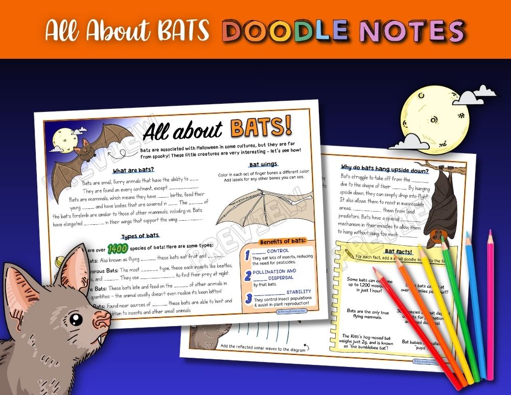 A title reads All About Bats Doodle Notes and there is an image of two pages of the Doodle Notes. There are also clip art drawings of a bat and a moon with clouds, and there are coloring pencils in the corner.